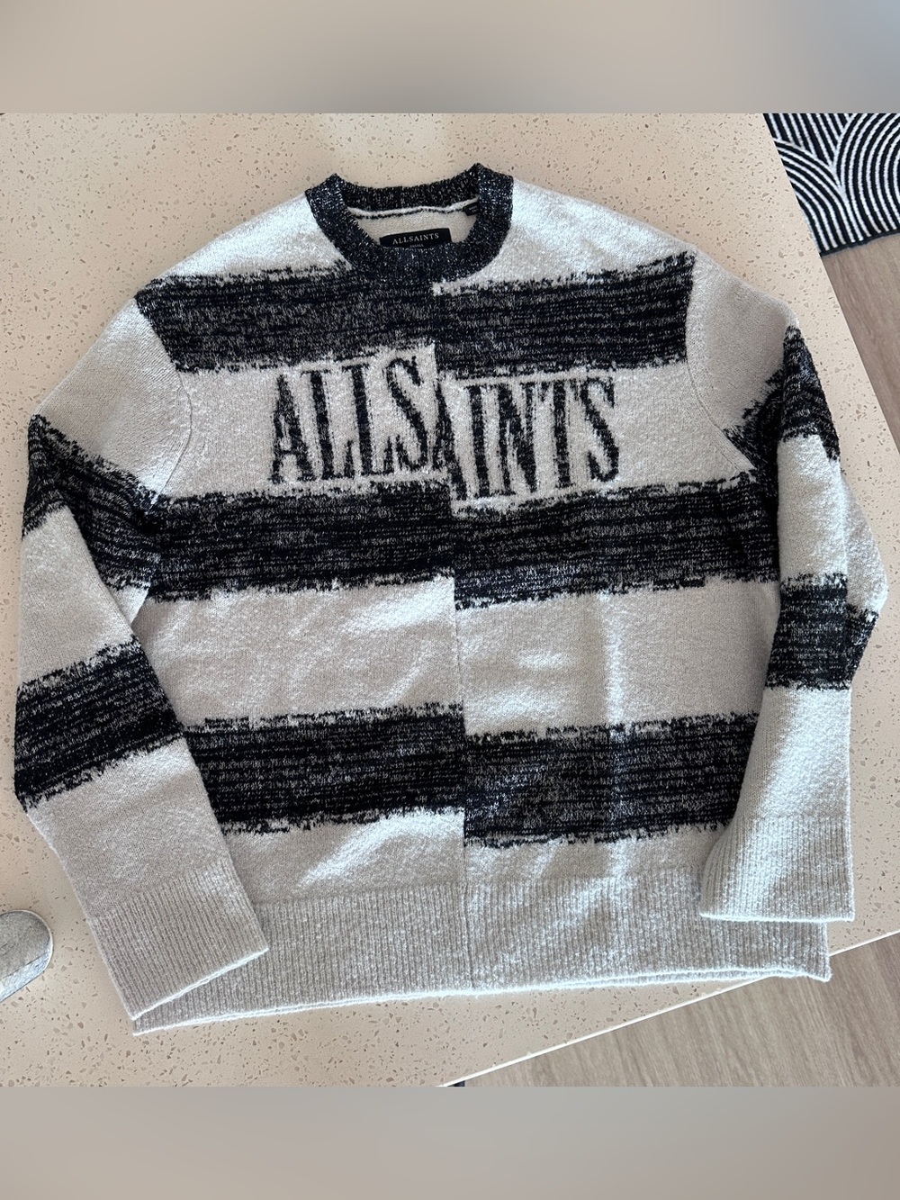 AllSaints Black and White Striped Logo Crewneck Sweater